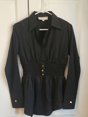 Smocked-Waist Black Button-Front Shirt with Gold Accents